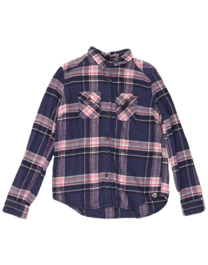 SUPERDRY Womens Flannel Shirt UK 14 Medium Navy Blue Check Cotton