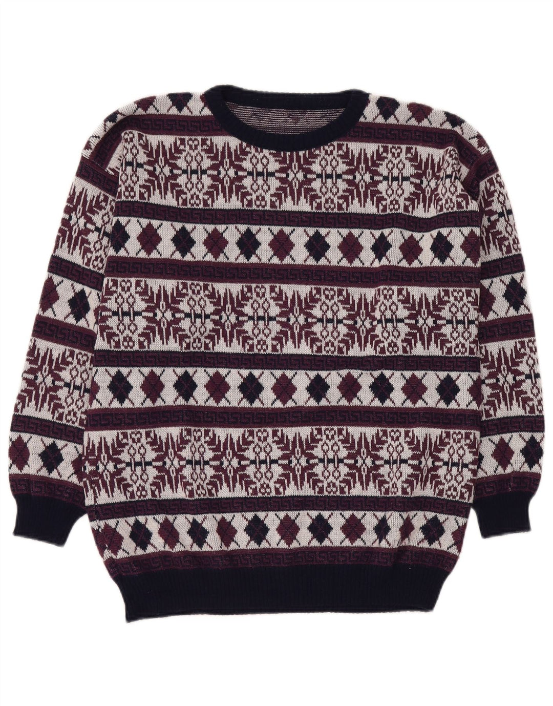Męski sweter z okrągłym dekoltem w stylu VINTAGE UK 40 Medium Burgundy Fair Isle