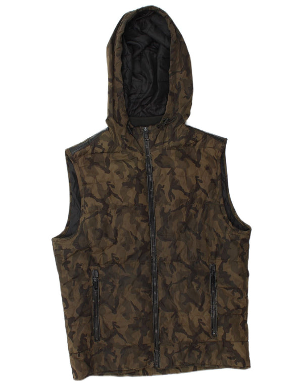 Zara Mens Hooded Padded Gilet UK 38 Medium Khaki Camouflage Polyester