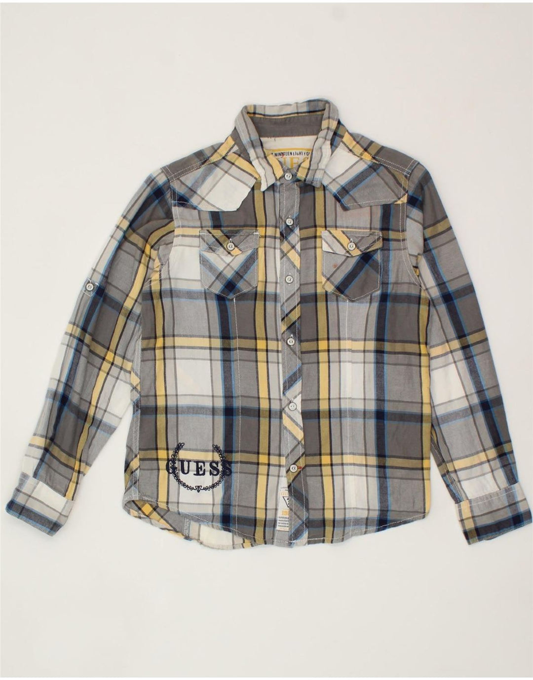 GUESS Boys Flannel Shirt 12-13 Years Grey Check Cotton Vintage Guess and Second-Hand Guess from Messina Hembry 