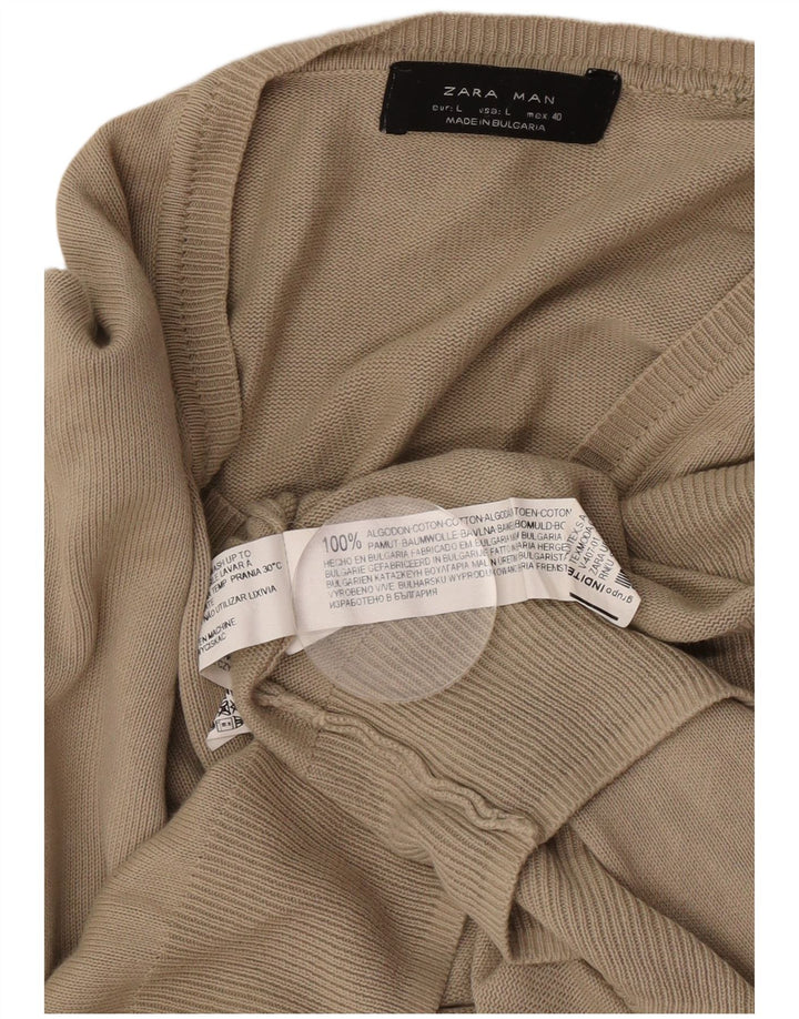 Męski sweter Zara z dekoltem w kształcie litery V, duży, brązowy, bawełniany