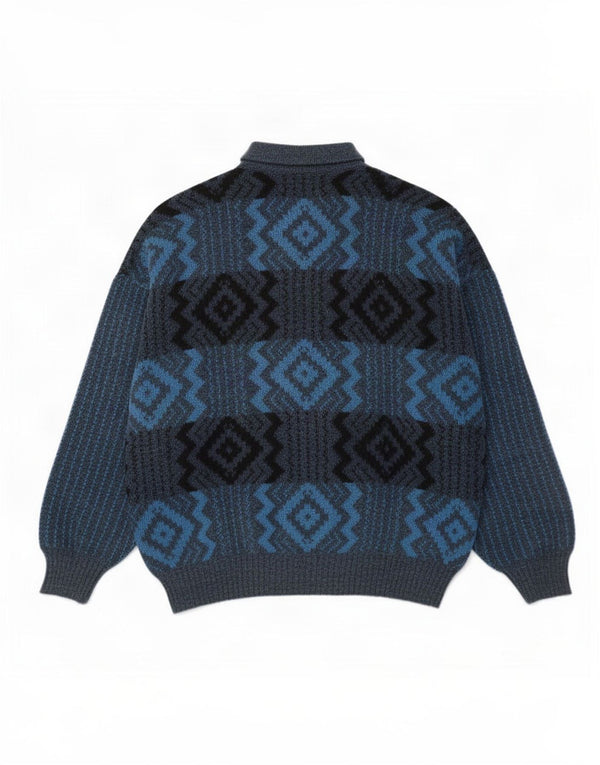 Vintage męski sweter polo z dekoltem w serek, duży granatowy, geometryczny wełniany