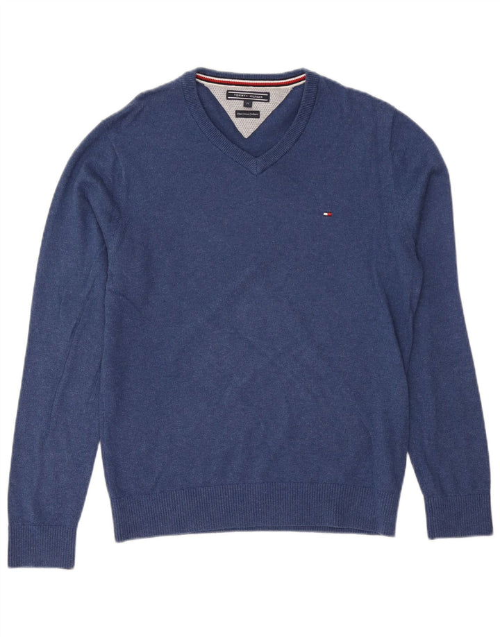 Męski sweter Tommy Hilfiger z dekoltem w kształcie litery V, średnioniebieski, bawełniany
