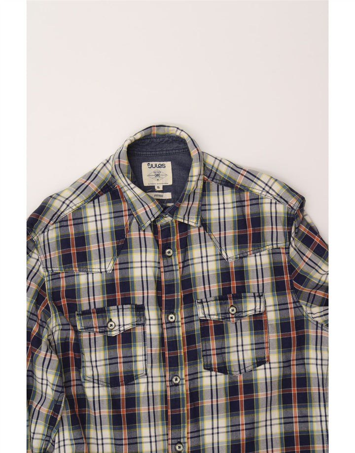 JULES Mens Fitted Flannel Shirt Small Navy Blue Check Vintage Jules and Second-Hand Jules from Messina Hembry 
