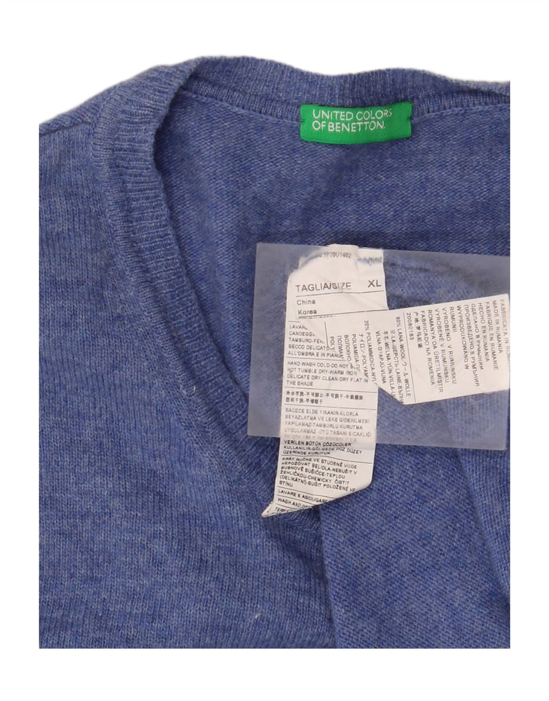 BENETTON Męski sweter z okrągłym dekoltem XL, niebieska wełna
