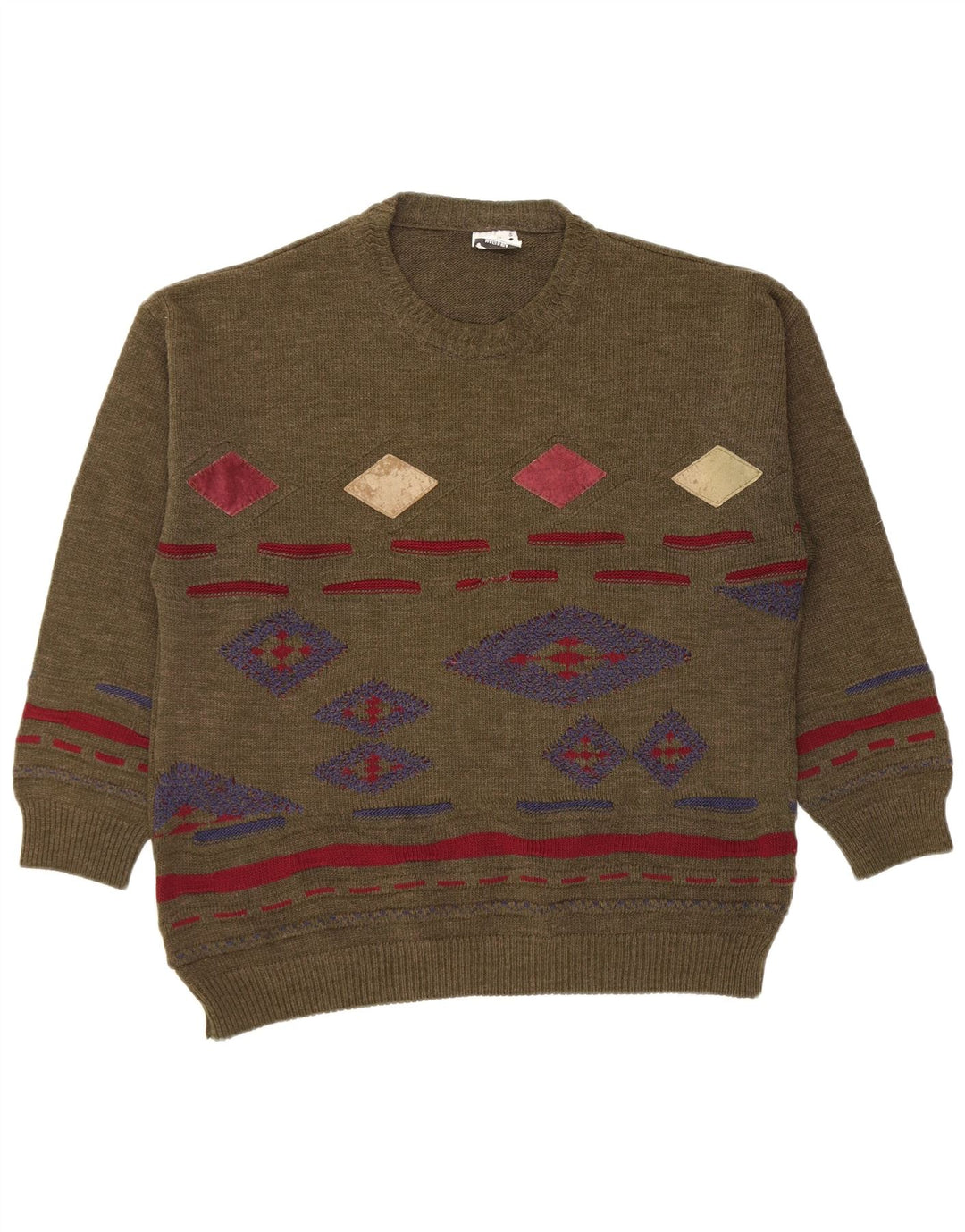 Vintage męski sweter z okrągłym dekoltem, średni khaki argyle/diament