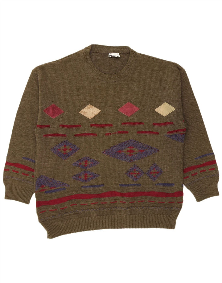 Vintage męski sweter z okrągłym dekoltem, średni khaki argyle/diament