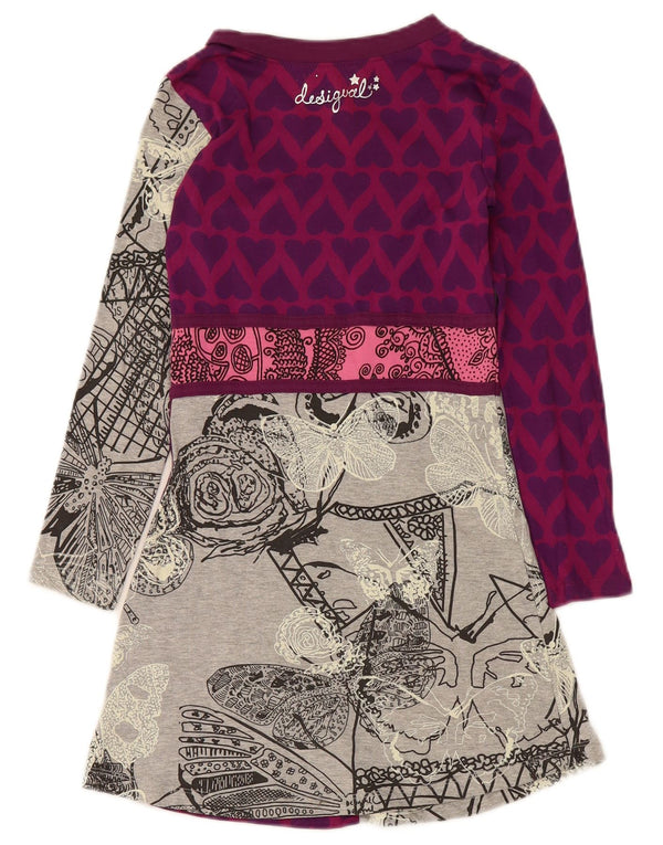 Desigual Girls Long Sleeve A-Line Dress 9-10 Years Grey Floral Butterfly