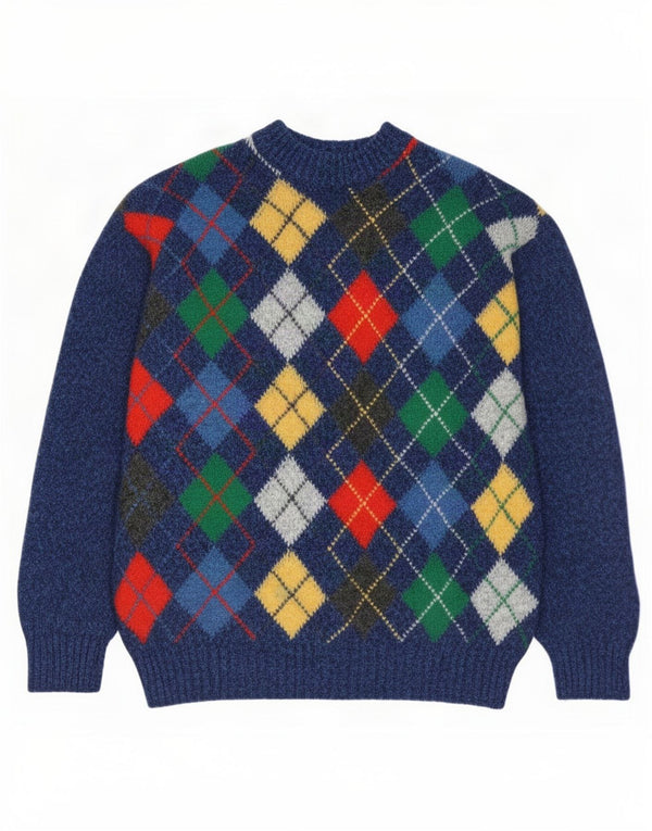 Vintage męski sweter z okrągłym dekoltem IT 50 średni niebieski Argyle/diamentowa wełna