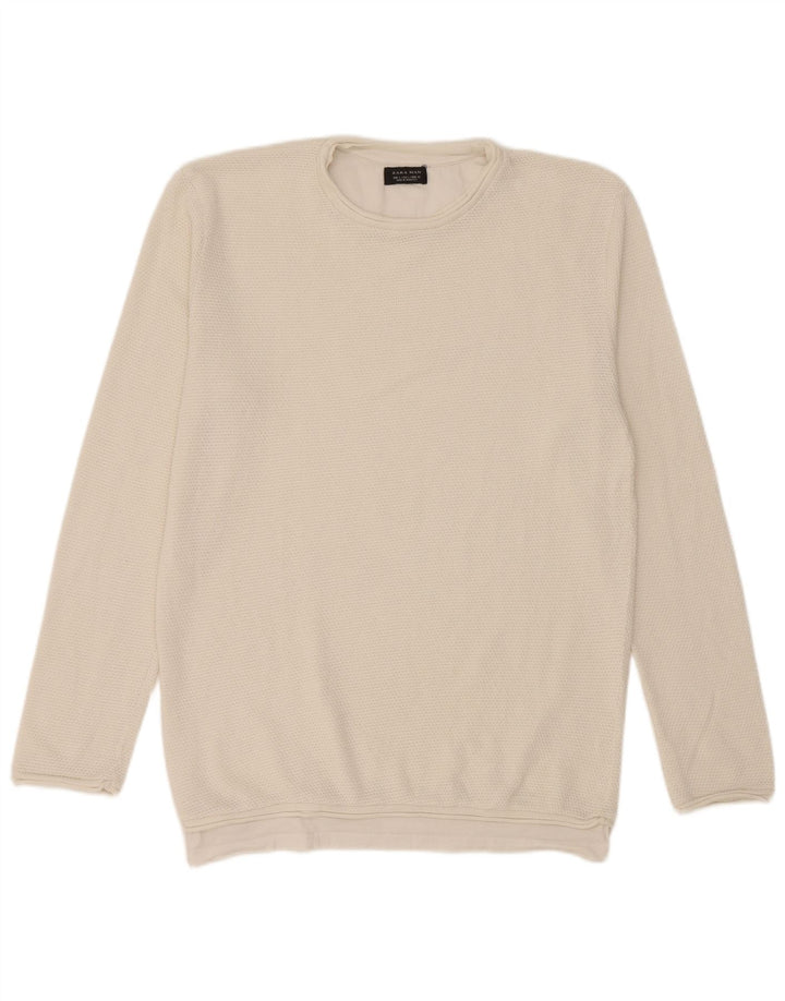 Męski sweter Zara z okrągłym dekoltem, duży, biały