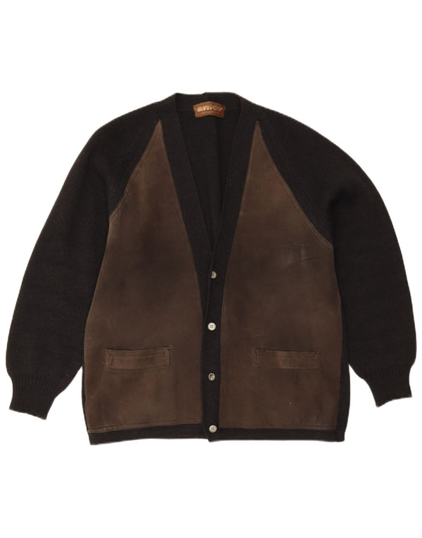 Anfor Mens Suede Cardigan Sweater EU 48 Medium Black Colourblock Suede