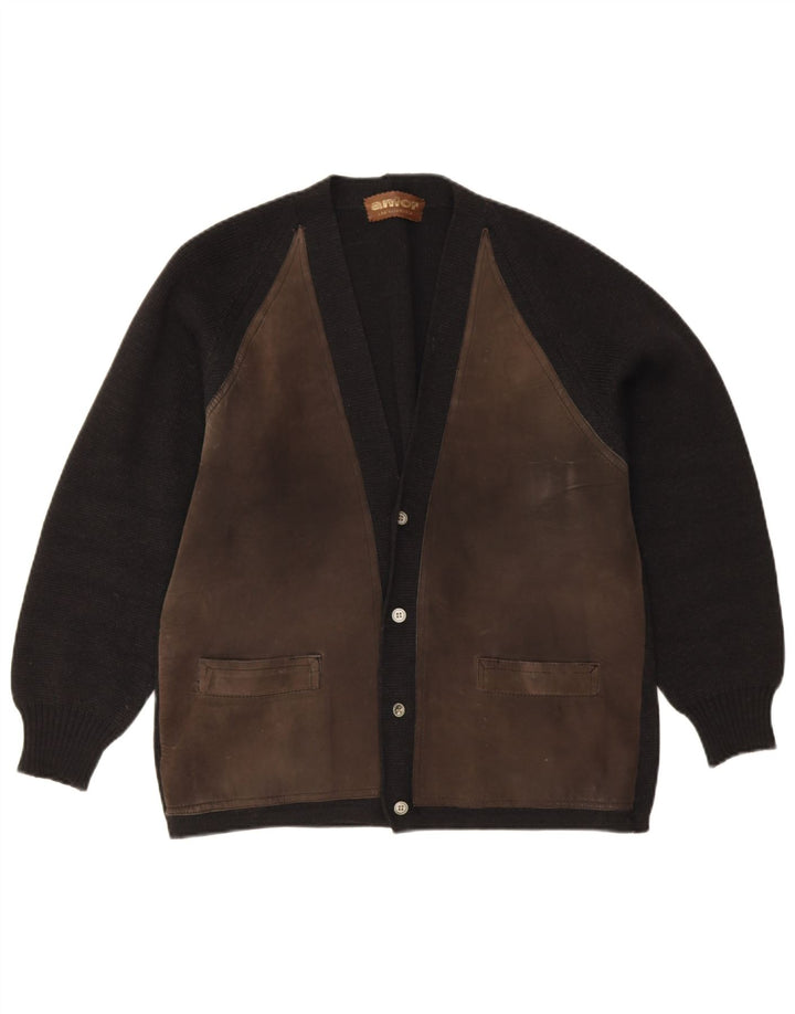 Anfor Męski zamszowy sweter rozpinany EU 48 Średni czarny zamsz z blokami kolorów