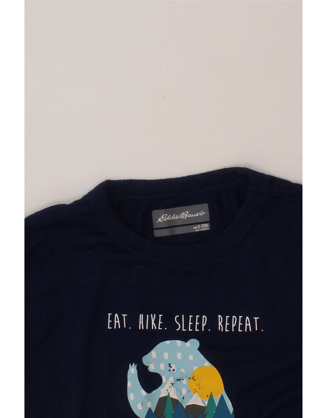 EDDIE BAUER Boys Graphic T-Shirt Top 7-8 Years Small  Navy Blue Polyester Vintage Eddie Bauer and Second-Hand Eddie Bauer from Messina Hembry 