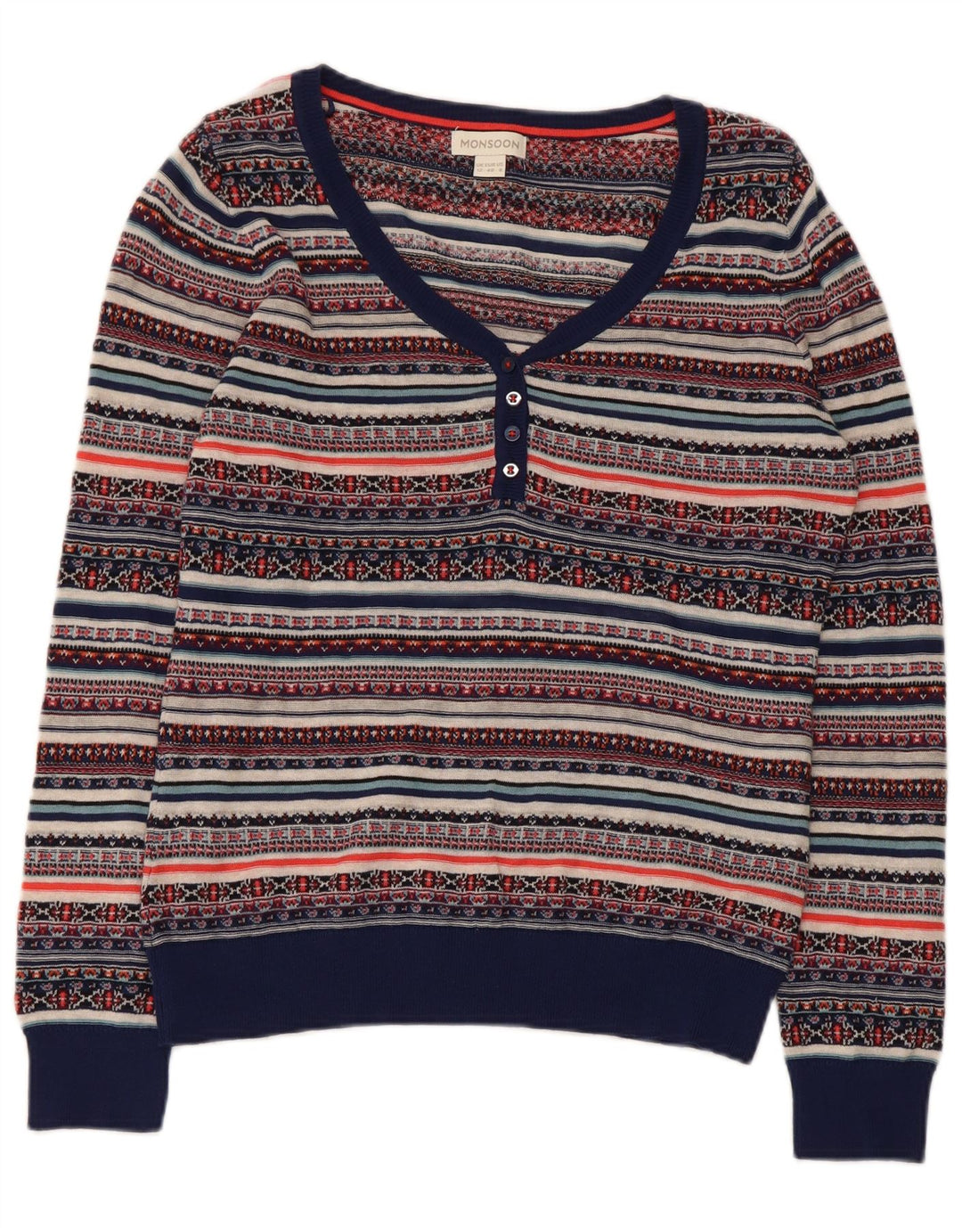 Damski sweter Monsoon z dekoltem w kształcie litery V, UK 12, średni, wielokolorowy Fair Isle