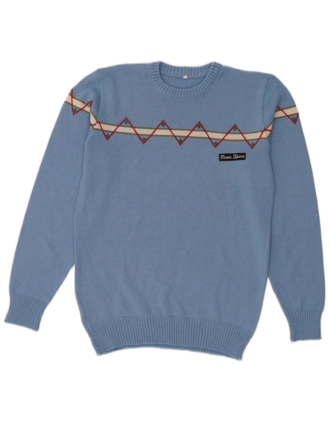 Vintage męski sweter z okrągłym dekoltem, mały, niebieski, geometryczny wełniany