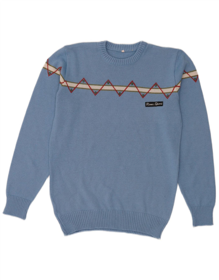 Vintage męski sweter z okrągłym dekoltem, mały, niebieski, geometryczny wełniany