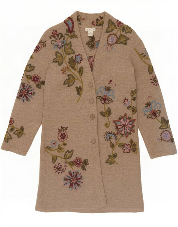 Sweter damski w stylu vintage z długim rękawem UK 14 Średni beżowy kwiatowy wełniany