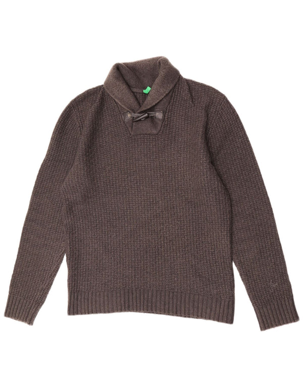 Benetton Mens Shawl Neck Jumper Sweater Large Grey Wool