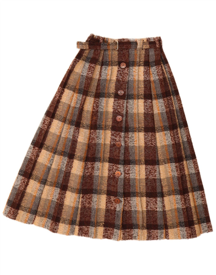 Vintage damska plisowana spódnica W24 XS w brązową kratę, nowa wełna