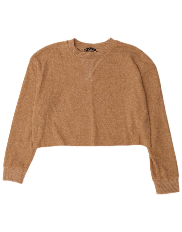 Damski sweter ZARA z okrągłym dekoltem, UK 14, średni beżowy poliester