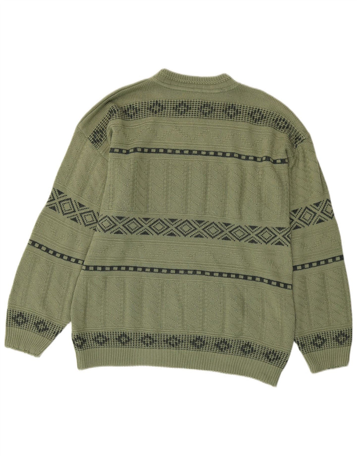 Męski sweter w stylu vintage z graficznym wycięciem pod szyją, średnio zielony, geometryczny