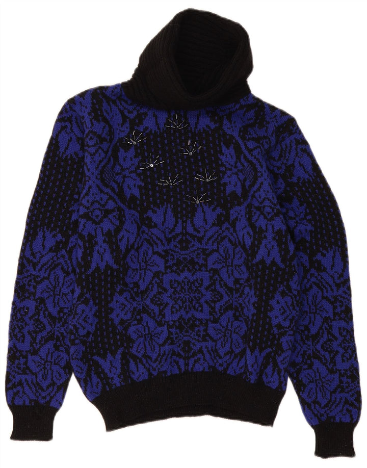 Sweter damski w stylu vintage z wywijanym dekoltem UK 14, średni czarny w kwiaty