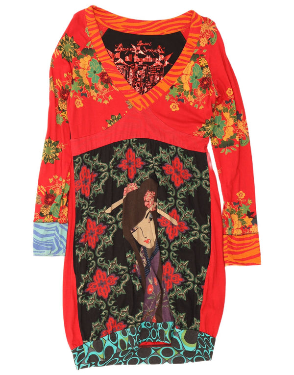 Desigual damska graficzna sukienka bąbelkowa z długim rękawem UK 18 XL czerwona bawełniana w kwiaty
