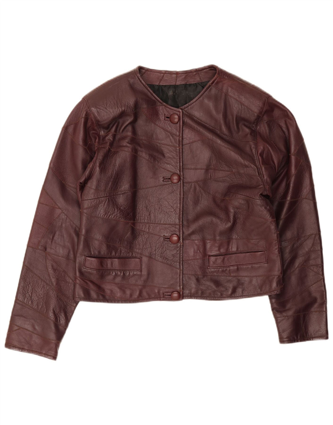 Damska kurtka skórzana w stylu vintage UK 14, średni burgundowy patchwork