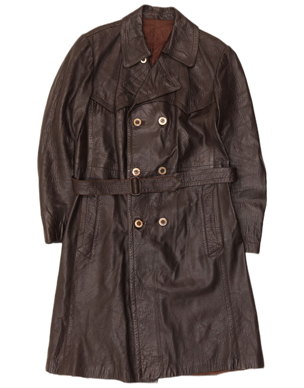 Vintage męski płaszcz skórzany z podwójnymi piersiami UK 36 Small Brown