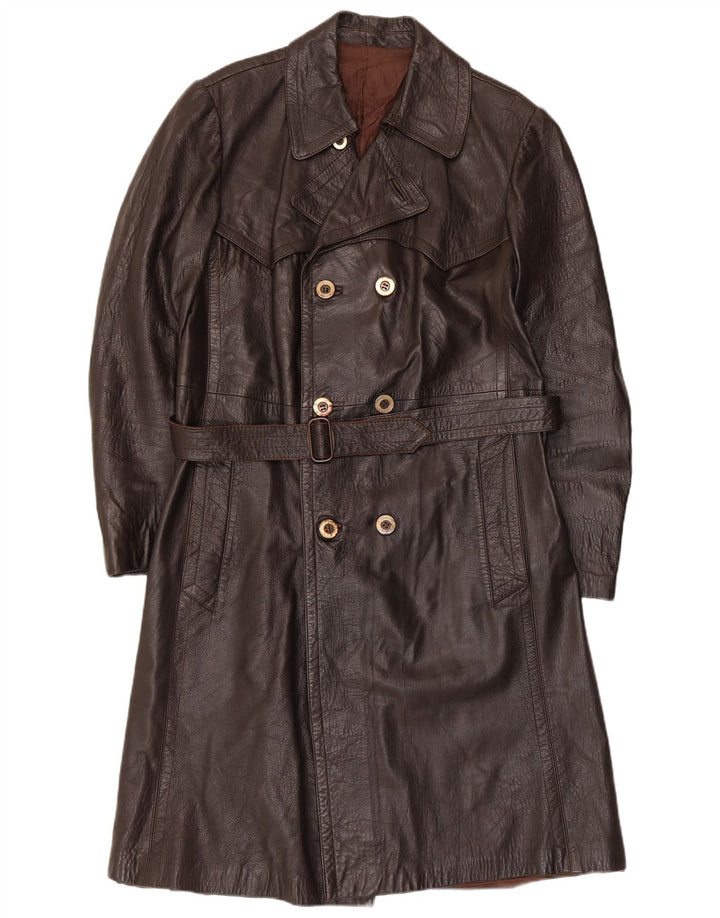 Vintage męski płaszcz skórzany z podwójnymi piersiami UK 36 Small Brown