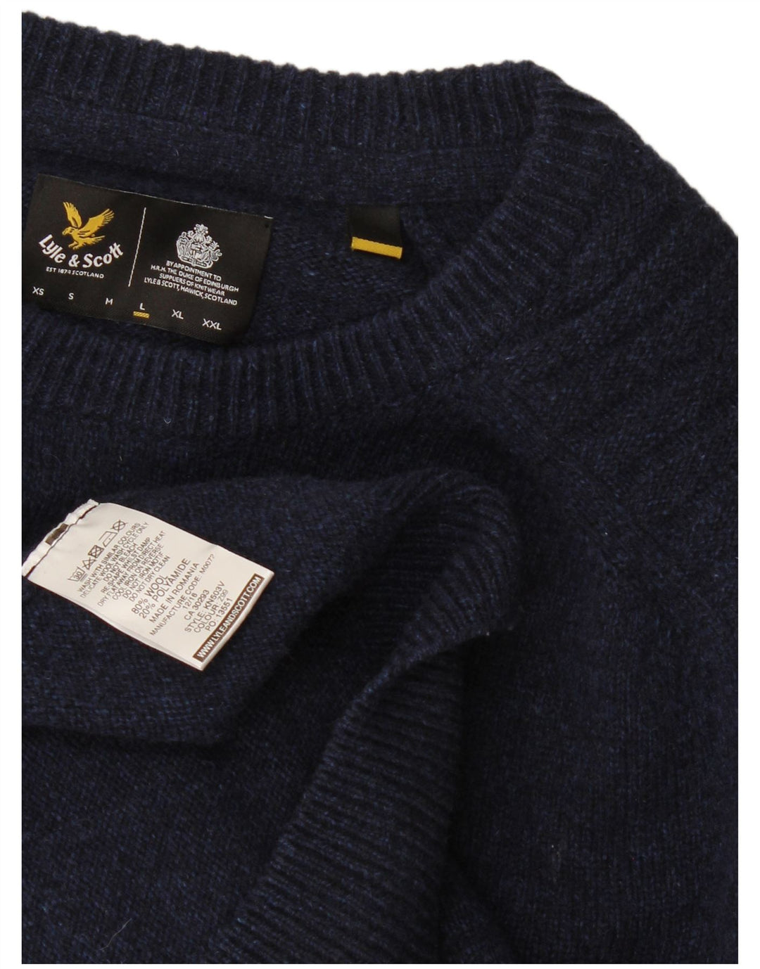 Męski sweter z okrągłym dekoltem Lyle & Scott, duży, granatowy, wełniany