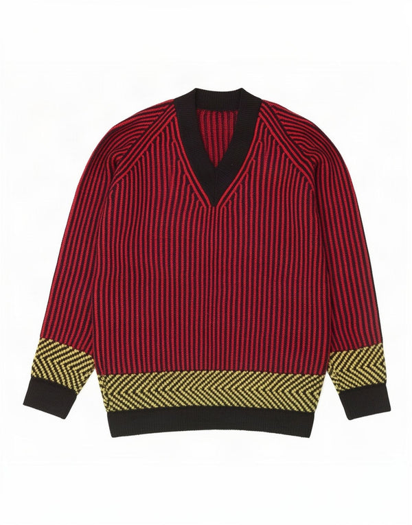 Sweter damski w stylu vintage z dekoltem w kształcie litery V, UK 12, w średnie czerwone paski