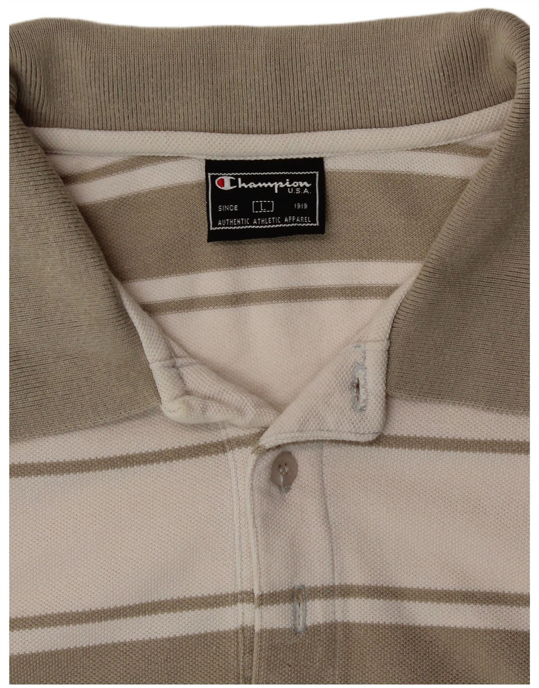 CHAMPION Mens Polo Shirt Large Off White Striped Cotton