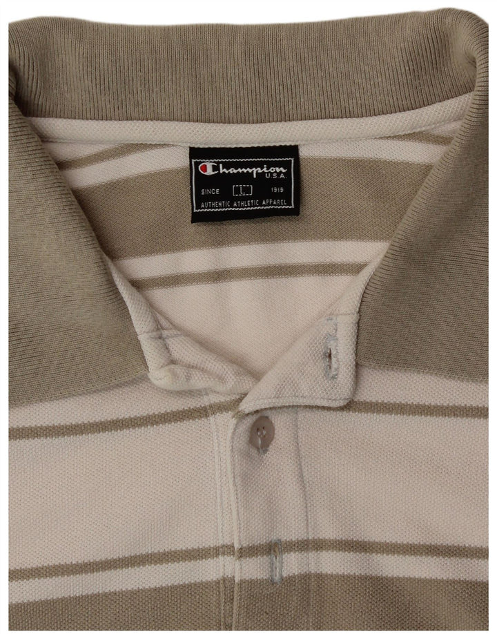 CHAMPION Mens Polo Shirt Large Off White Striped Cotton