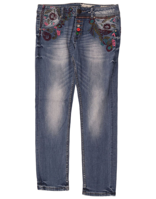 Desigual Damskie wąskie dżinsy z niską talią W30 L30 Niebieska bawełna w kwiaty
