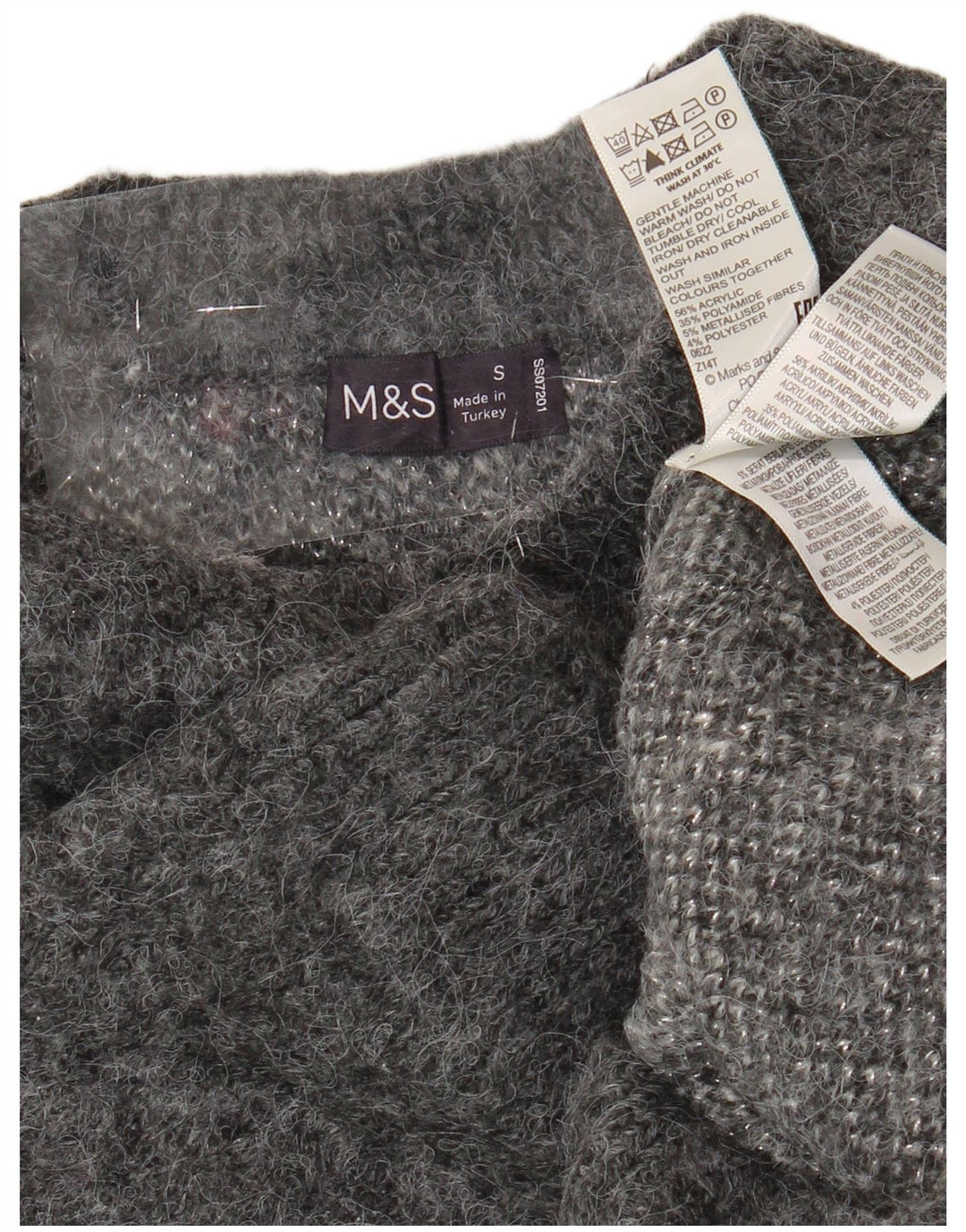 Damski sweter Marks & Spencer z graficznym dekoltem w łódkę, UK 10, mały, szary
