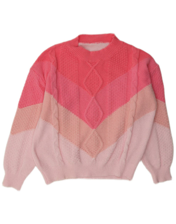 Sweter damski w stylu vintage z okrągłym dekoltem UK 14, duży różowy blok kolorów
