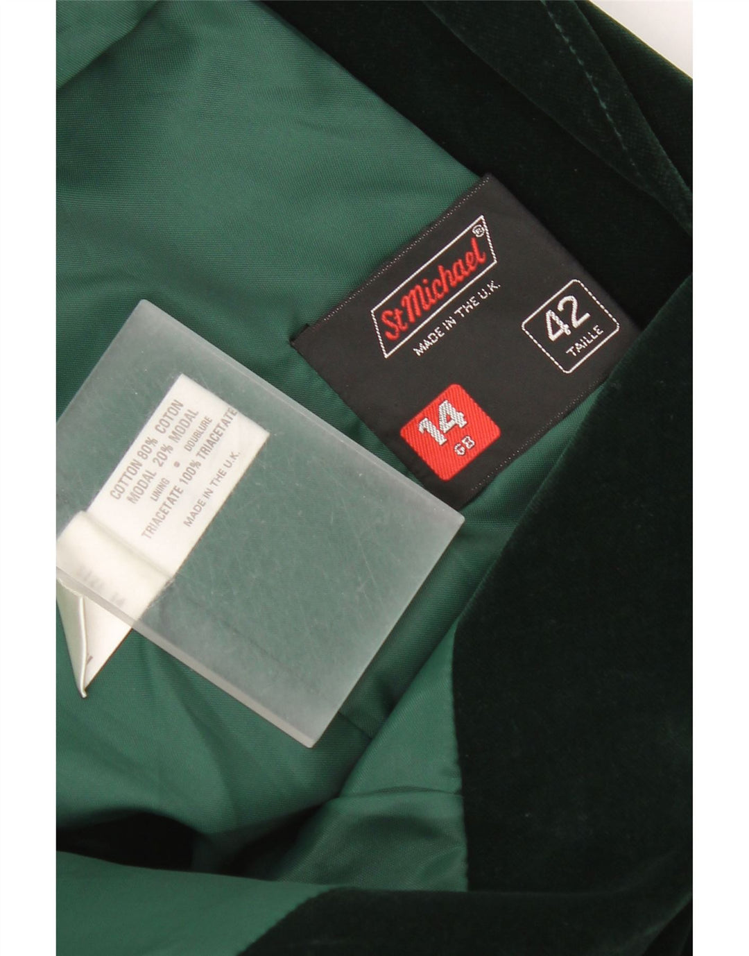 Damska marynarka St Michael zapinana na 2 guziki, aksamitna marynarka UK 14, średnia zielona bawełna