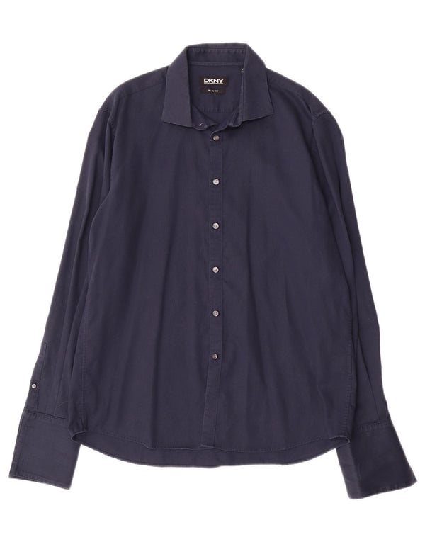DKNY Mens Slim Fit Shirt Size 17 1/2 44 XL Navy Blue Cotton