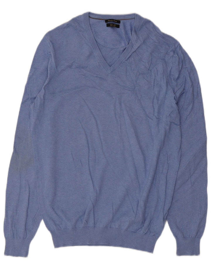 Męski sweter Massimo Dutti z dekoltem w kształcie litery V, średnioniebieski, bawełniany