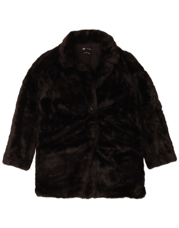Zara Womens Oversized Faux Fur Overcoat UK 6 XS Black Polyester