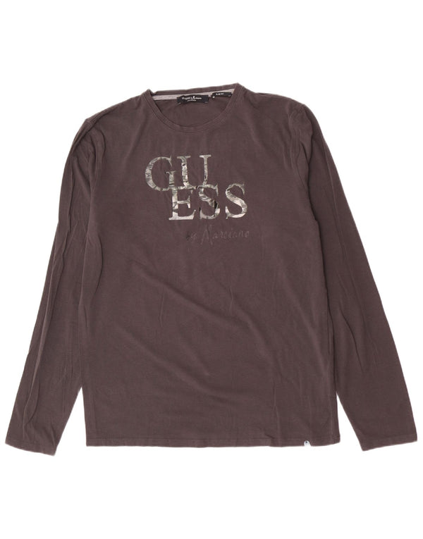 Guess By Marciano Męski top z grafiką o dopasowanym kroju, z długim rękawem, duży, szary, bawełniany
