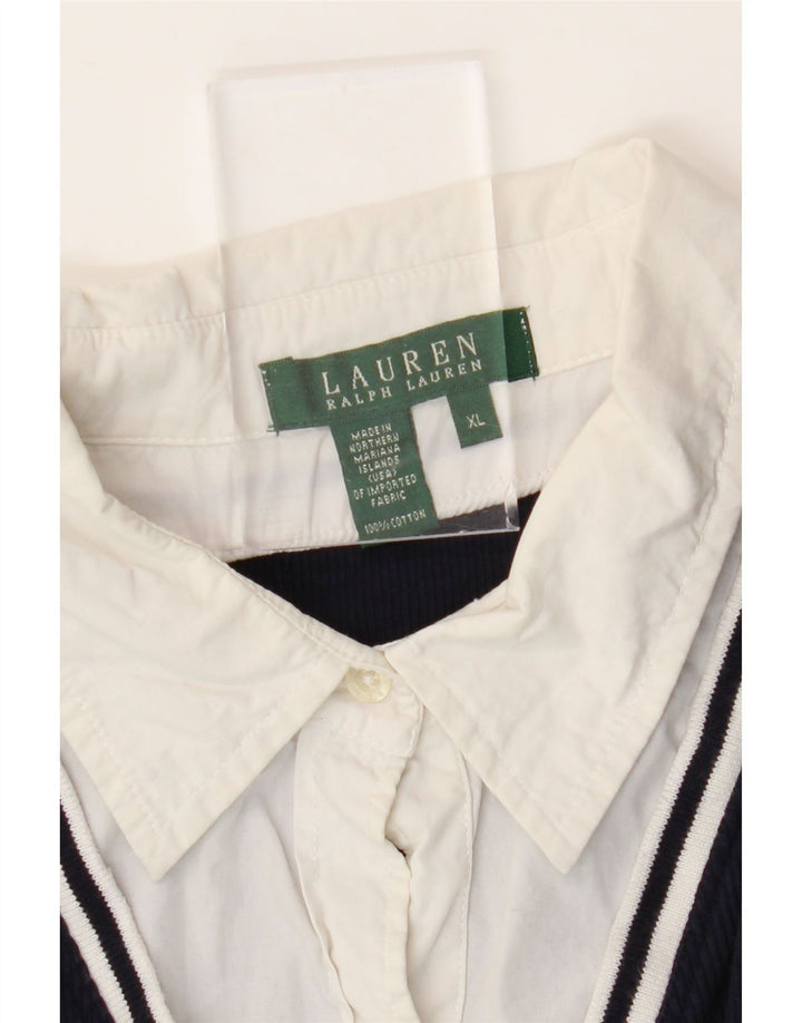RALPH LAUREN Damski top z rękawem 3/4, UK 18 XL, granatowy, bawełniany z blokami kolorów