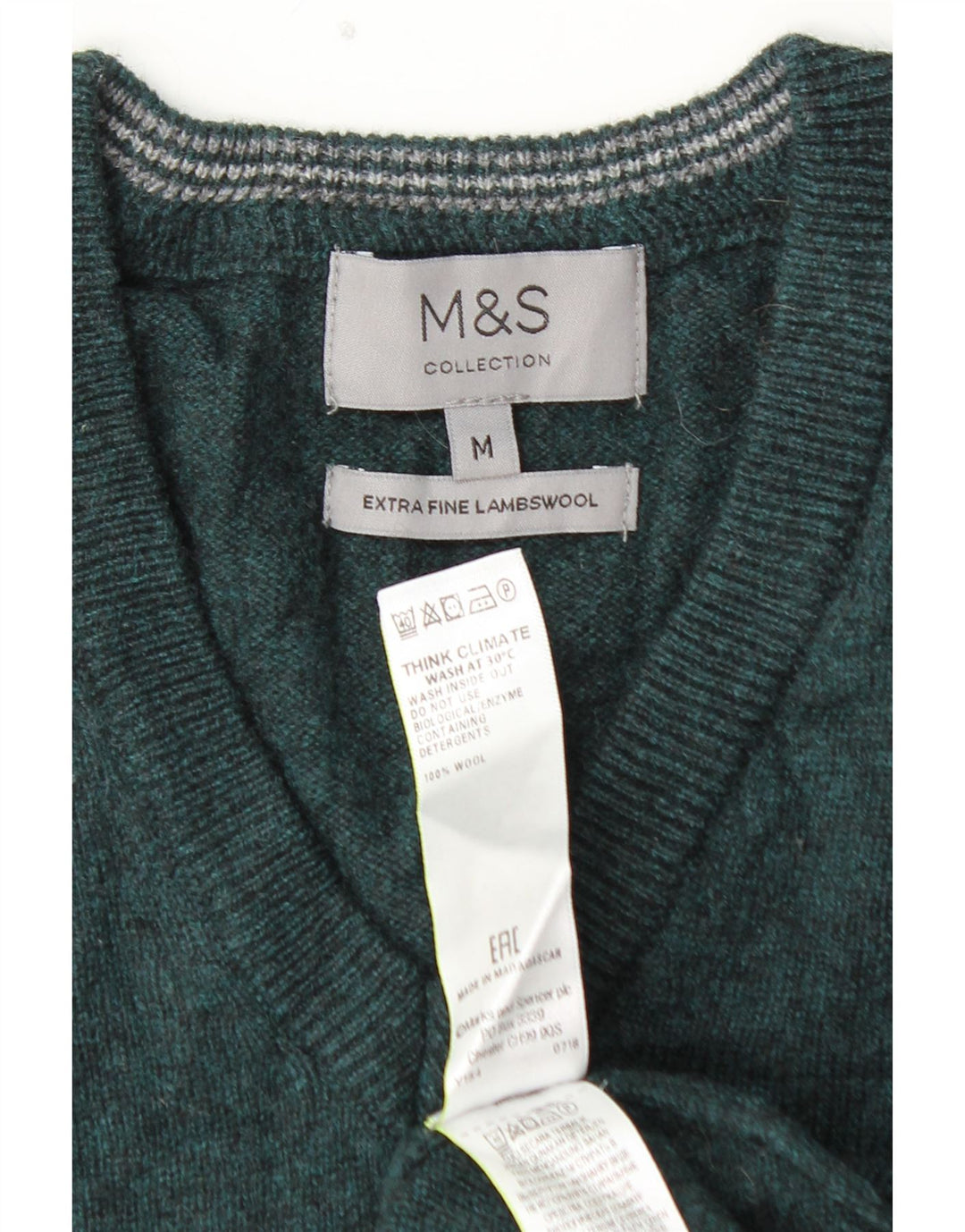 MARKS & SPENCER Męski sweter z dekoltem w kształcie litery V, średnio zielony, wełna owcza
