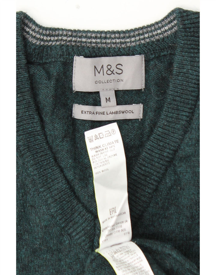 MARKS & SPENCER Męski sweter z dekoltem w kształcie litery V, średnio zielony, wełna owcza