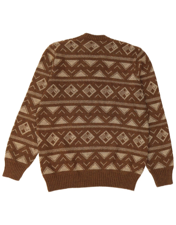 Vintage Mens V-Neck Jumper Sweater Small Brown Geometric