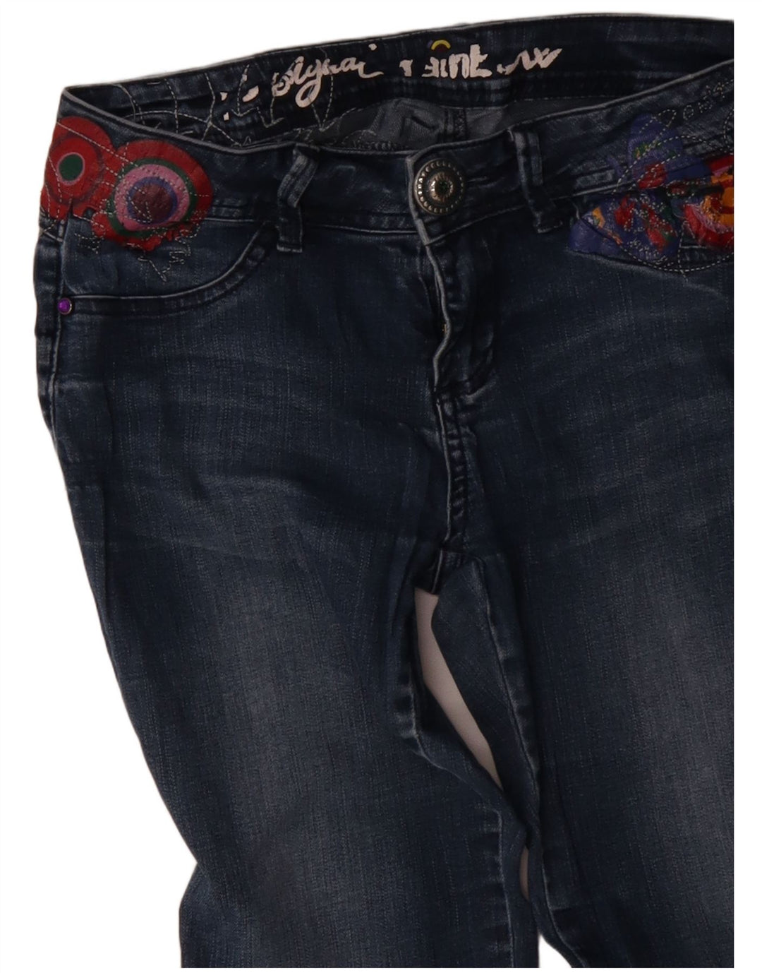 Desigual damskie tęczowe joggery proste dżinsy W28 L30 niebieskie geometryczne