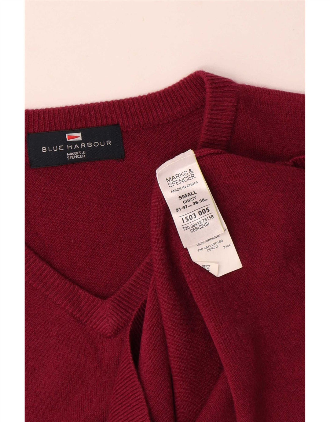 Marks & Spencer Męski sweter z dekoltem w kształcie litery V, niebieski, mały, czerwony, akrylowy