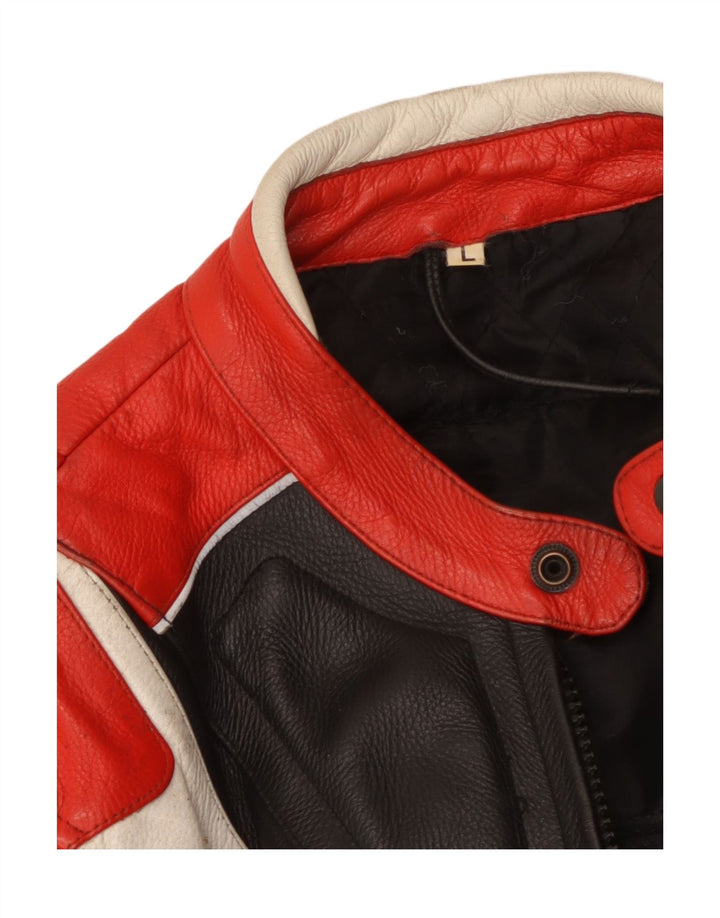 Męska skórzana kurtka racer w stylu vintage UK 40, duża, wielokolorowa