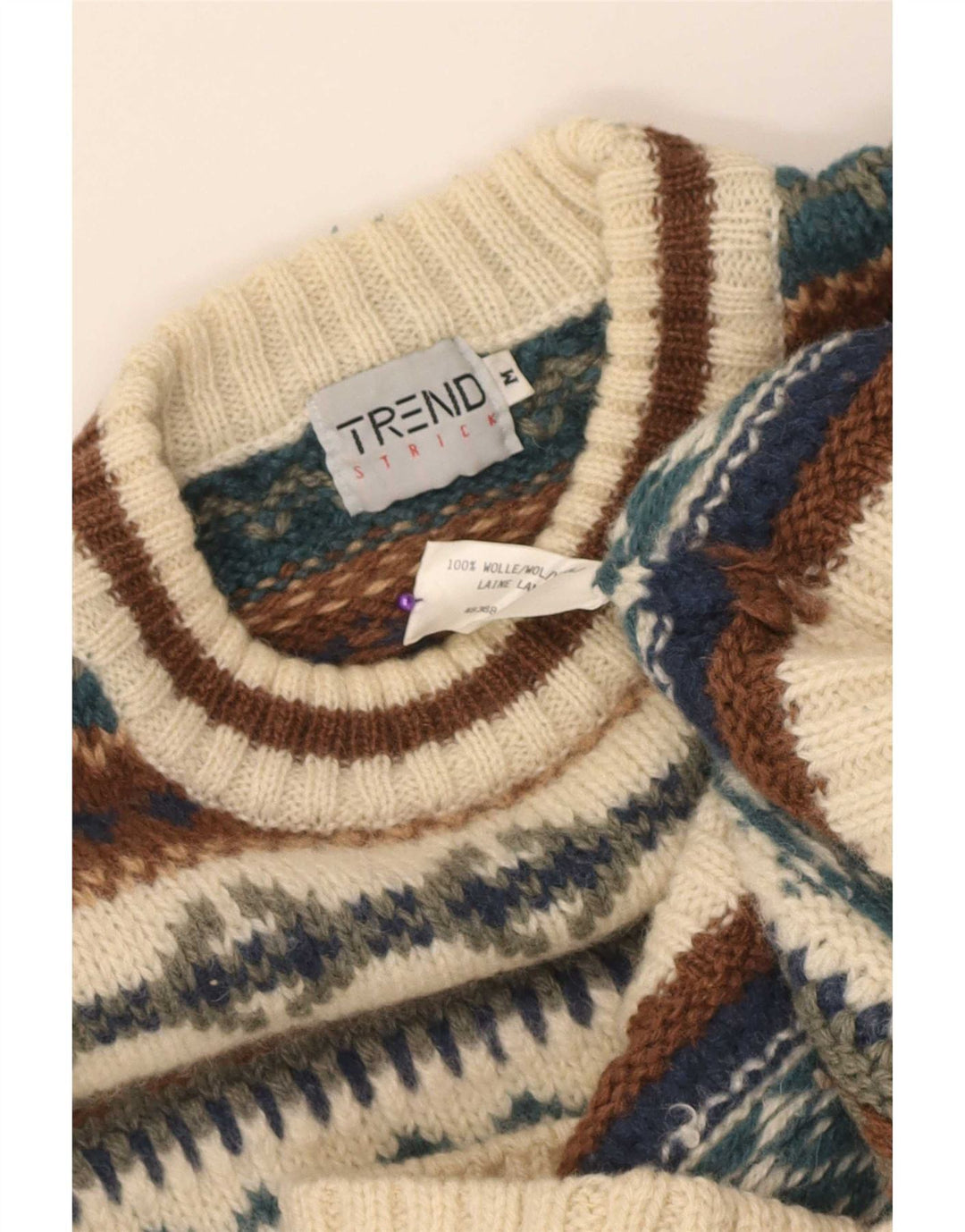 Vintage męski sweter z okrągłym dekoltem, średni beż, jasna wełna Isle